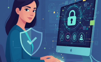 Digital privacy and cybersecurity protection illustration with encryption symbols and protective shield on computer screen