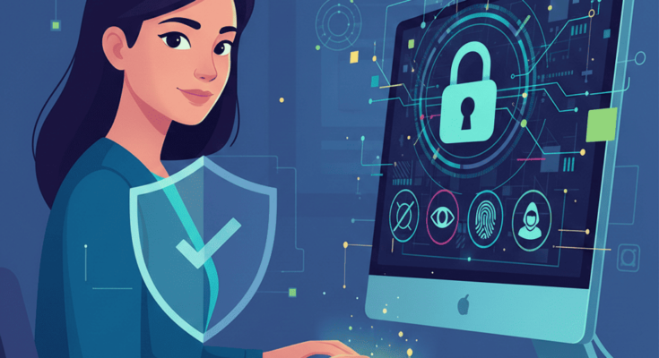 Digital privacy and cybersecurity protection illustration with encryption symbols and protective shield on computer screen