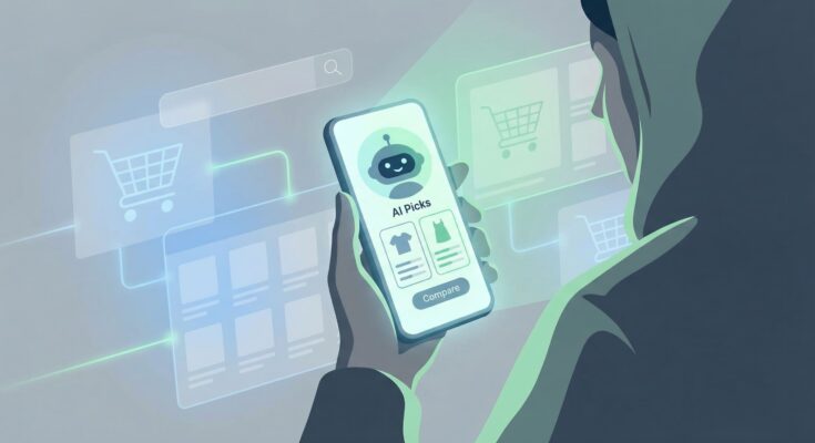 AI shopping assistant interface displaying personalized product recommendations and comparison tools on a smartphone screen.