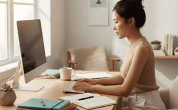 Organized remote work desk with productivity tools, natural lighting, and a focused professional working on a laptop