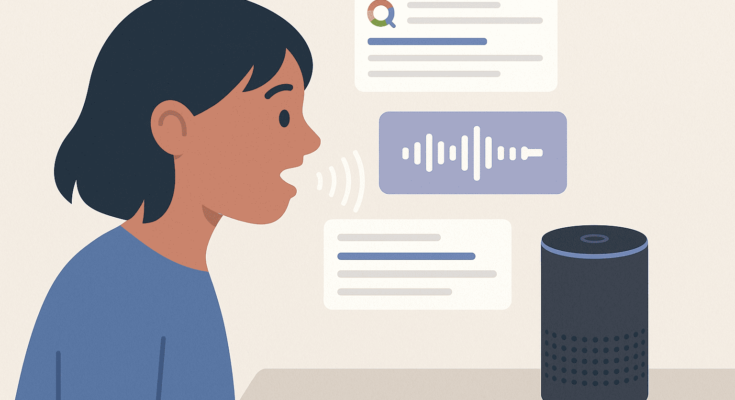 A person speaking to a smart speaker device with voice wave visualizations and search result snippets floating above, representing voice search technology and optimization concepts.