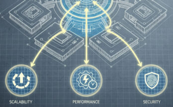 A software architecture blueprint showing how scalability, performance, and security are foundational design elements.