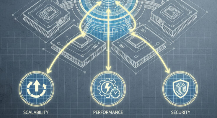 A software architecture blueprint showing how scalability, performance, and security are foundational design elements.