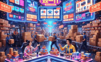 Livestream shopping hosts and digital storefronts during Double 11 Shopping Festival in China, featuring vibrant sales and express delivery packages.