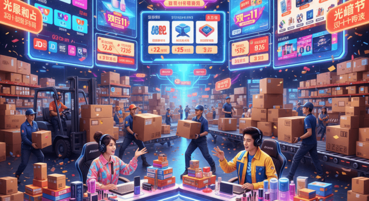Livestream shopping hosts and digital storefronts during Double 11 Shopping Festival in China, featuring vibrant sales and express delivery packages.