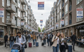 Expats searching for housing in the Netherlands amidst city apartment buildings, illustrating the current housing crisis.