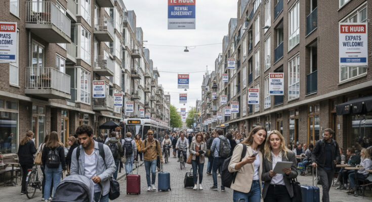 Expats searching for housing in the Netherlands amidst city apartment buildings, illustrating the current housing crisis.