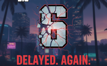 A banner for the GTA 6 delay news, showing a cracked '6' logo over a Vice City background with the new release date of November 2026.
