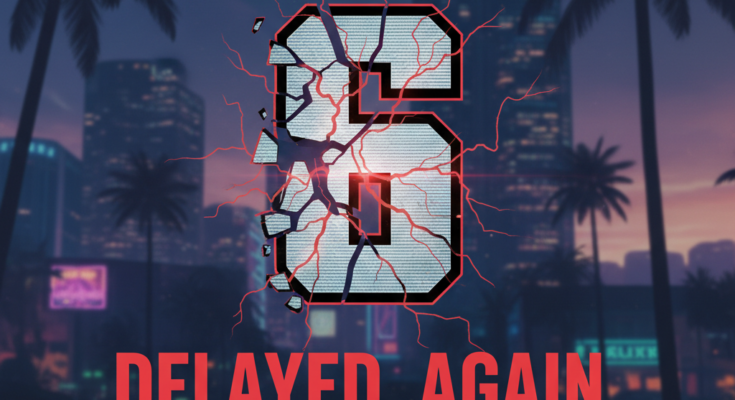 A banner for the GTA 6 delay news, showing a cracked '6' logo over a Vice City background with the new release date of November 2026.