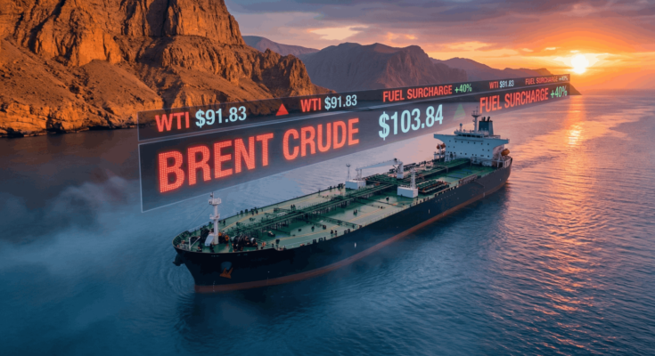 Oil tanker in the Strait of Hormuz during the 2026 energy crisis with rising oil price tickers.