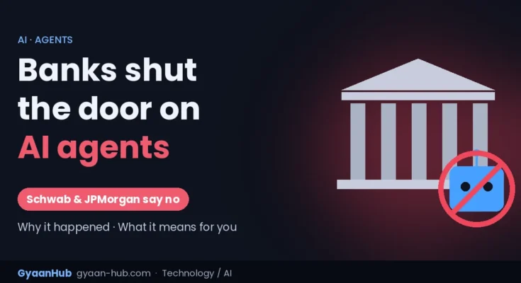Bank building with a robot icon and a blocked sign, representing banks blocking AI agents