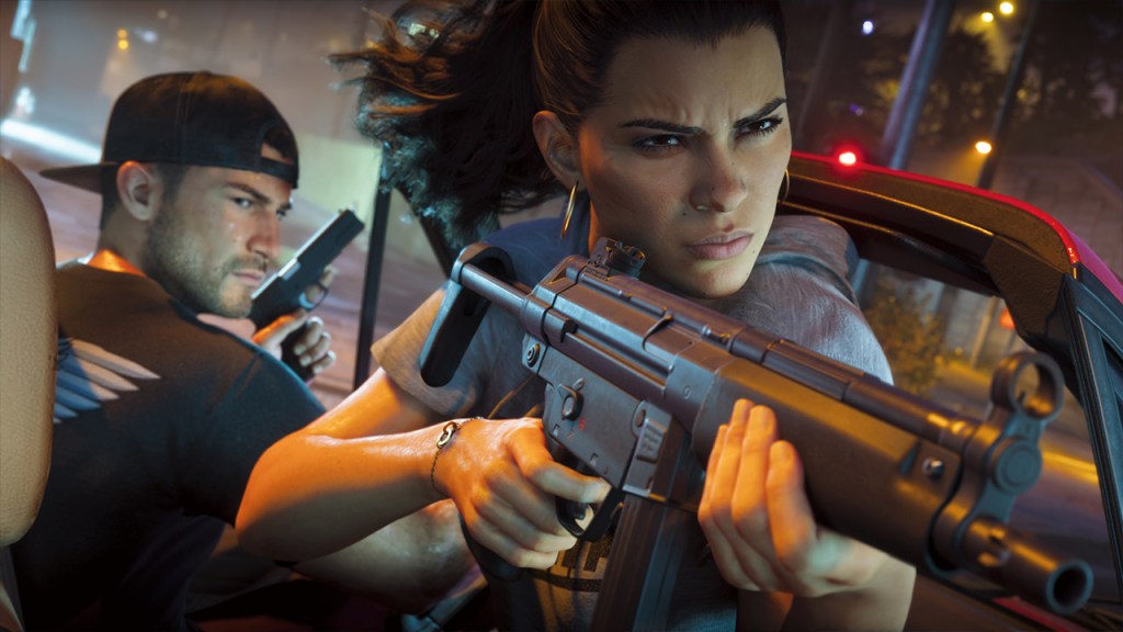 GTA 6 Edge screenshot of Lucia Caminos holding a gun