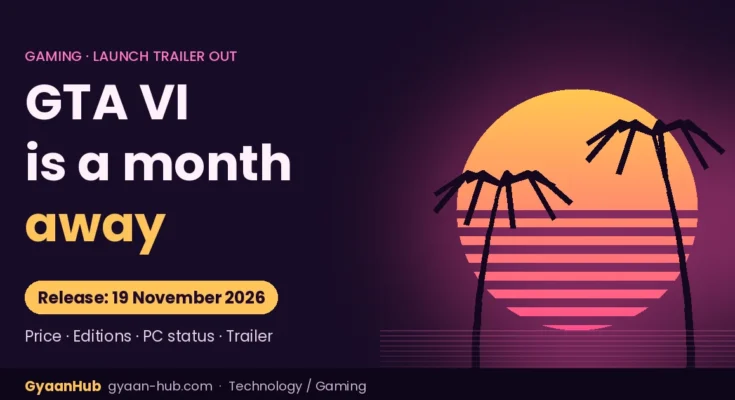 GTA VI featured image with a neon sunset and palm trees, release date 19 November 2026