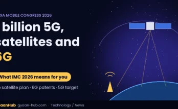 Satellite beaming signals to mobile towers over Earth for India Mobile Congress 2026