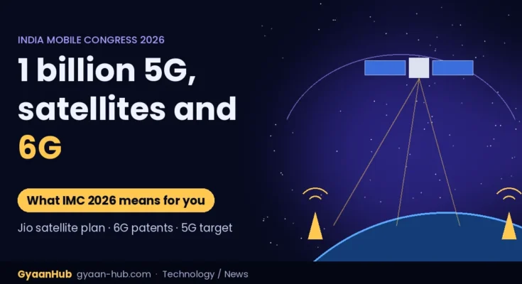 Satellite beaming signals to mobile towers over Earth for India Mobile Congress 2026