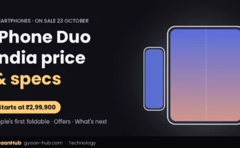 Illustration of a foldable phone with iPhone Duo India price starting at ₹2,99,900