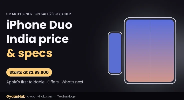 Illustration of a foldable phone with iPhone Duo India price starting at ₹2,99,900