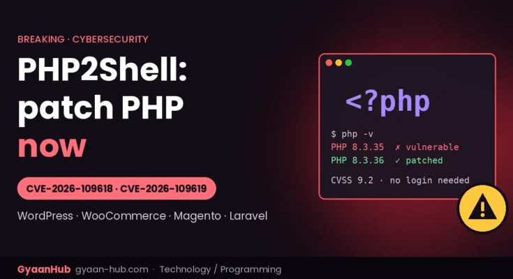 PHP2Shell warning graphic showing a PHP terminal with vulnerable and patched version numbers and both CVE IDs