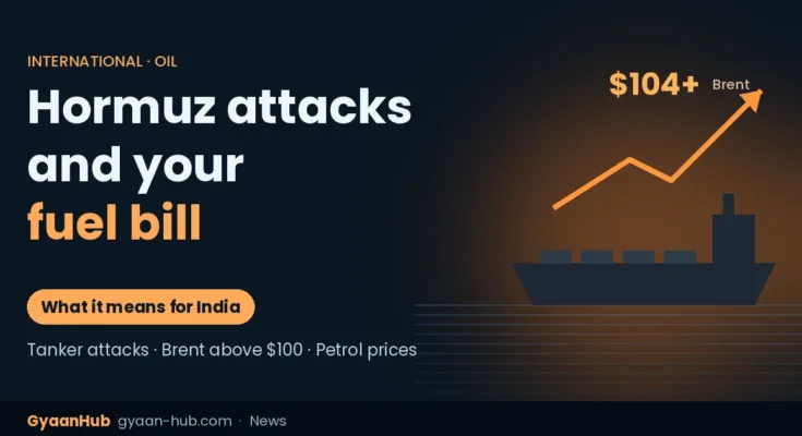 Oil tanker at sea with a rising price chart showing Brent crude above $104