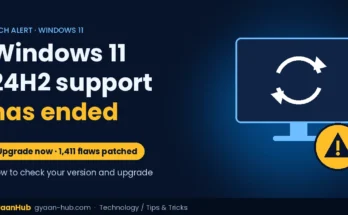 Computer monitor with an update icon and warning sign for Windows 11 24H2 end of support