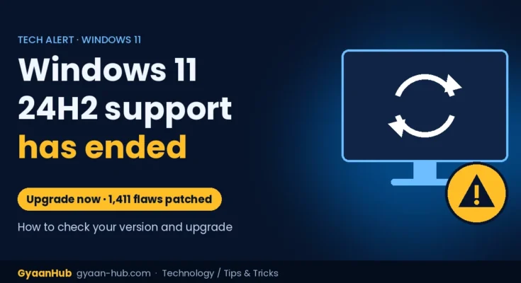 Computer monitor with an update icon and warning sign for Windows 11 24H2 end of support